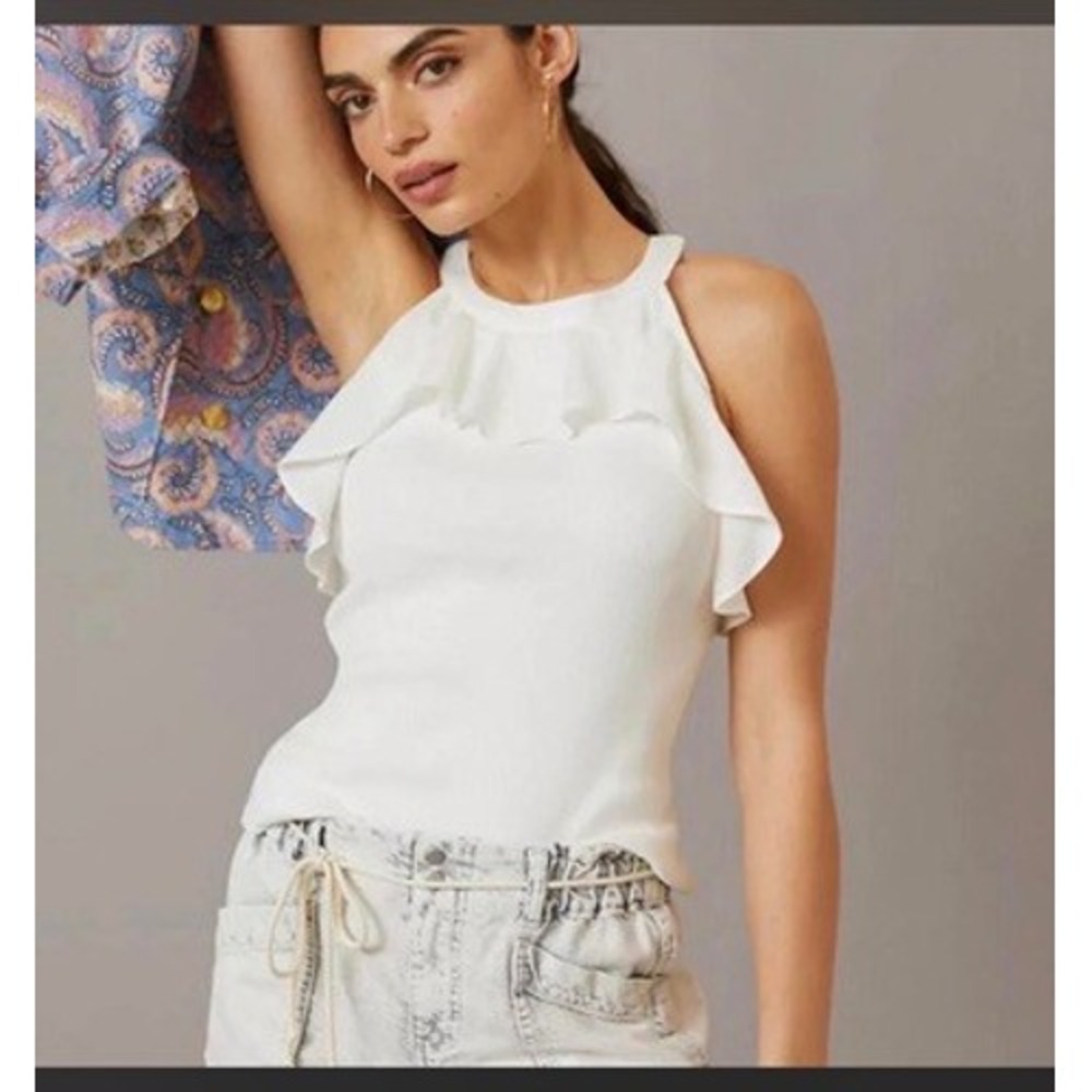 Maeve Anthropologie White Ruffle Halter Top Ribbed Knit Sleeveless Small